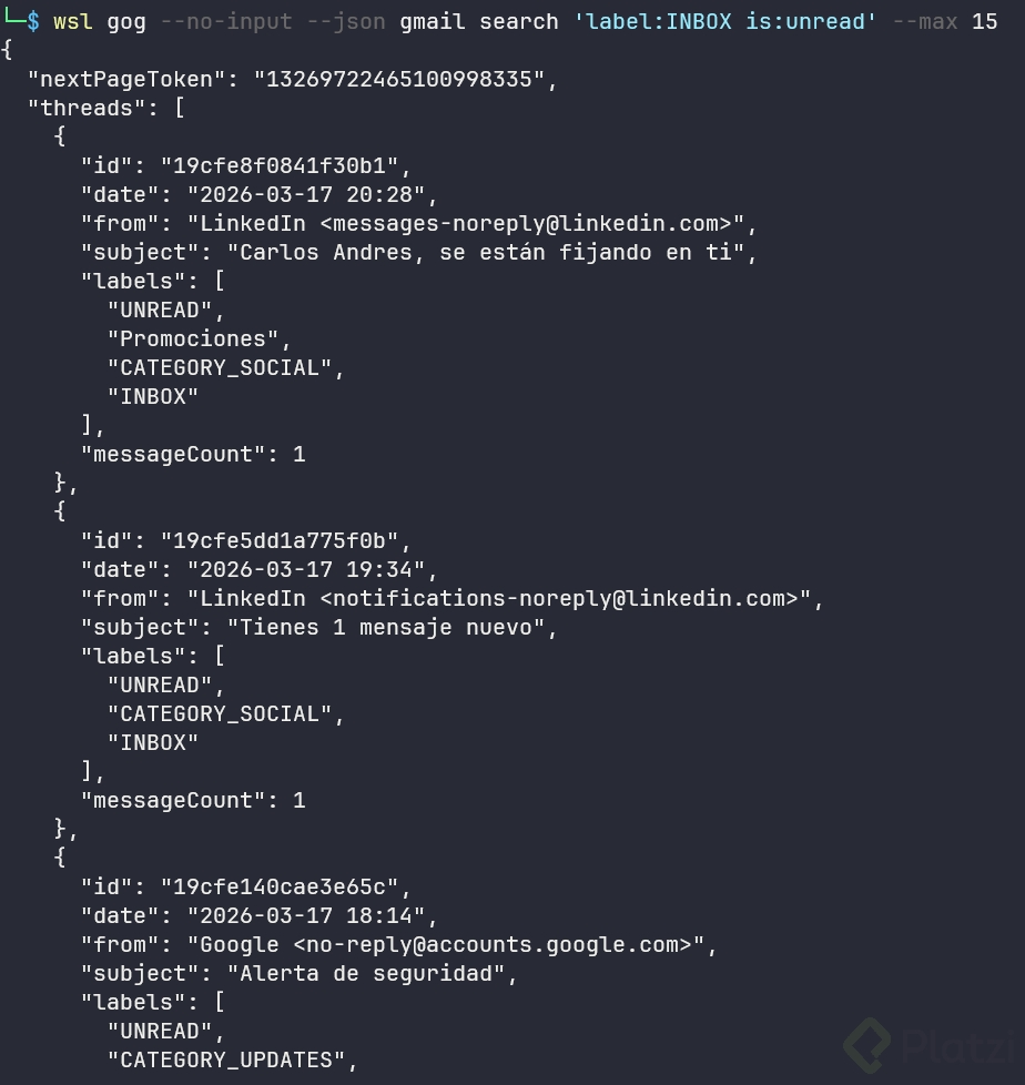 La lista de correos no leídos en la terminal