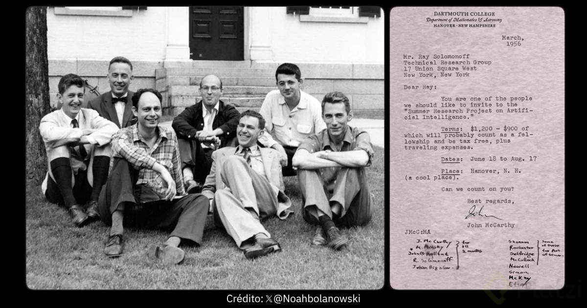 Fotografía histórica de un grupo de investigadores sentados en el césped de Dartmouth College junto a la carta de invitación de 1956, firmada por John McCarthy, al 