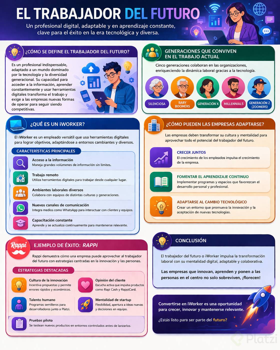 Infografía en español sobre el trabajador del futuro, con secciones sobre definición del iWorker, convivencia de cinco generaciones en el entorno laboral, características como trabajo remoto y aprendizaje continuo, estrategias empresariales de adaptación y el caso de éxito de Rappi.
