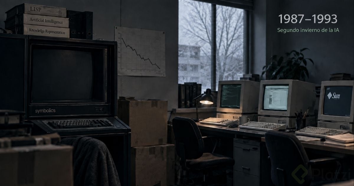 Laboratorio de IA abandonado con una máquina Lisp de Symbolics, cajas de mudanza y un gráfico en caída, que representa el segundo invierno de la IA entre 1987 y 1993.