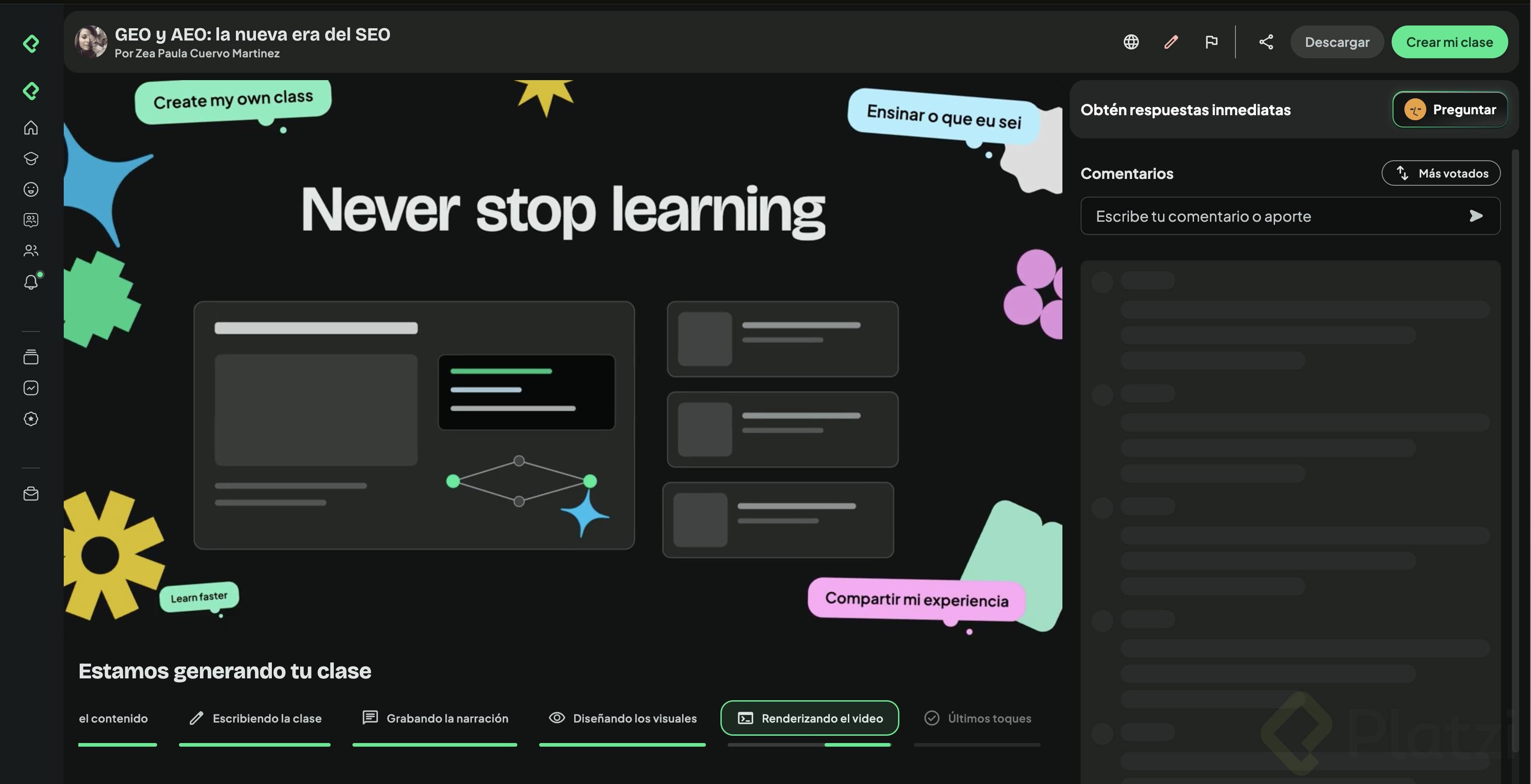 Creando una clase con Platzi Learn Cómo se ve cuando se está creando una clase con platzi learn