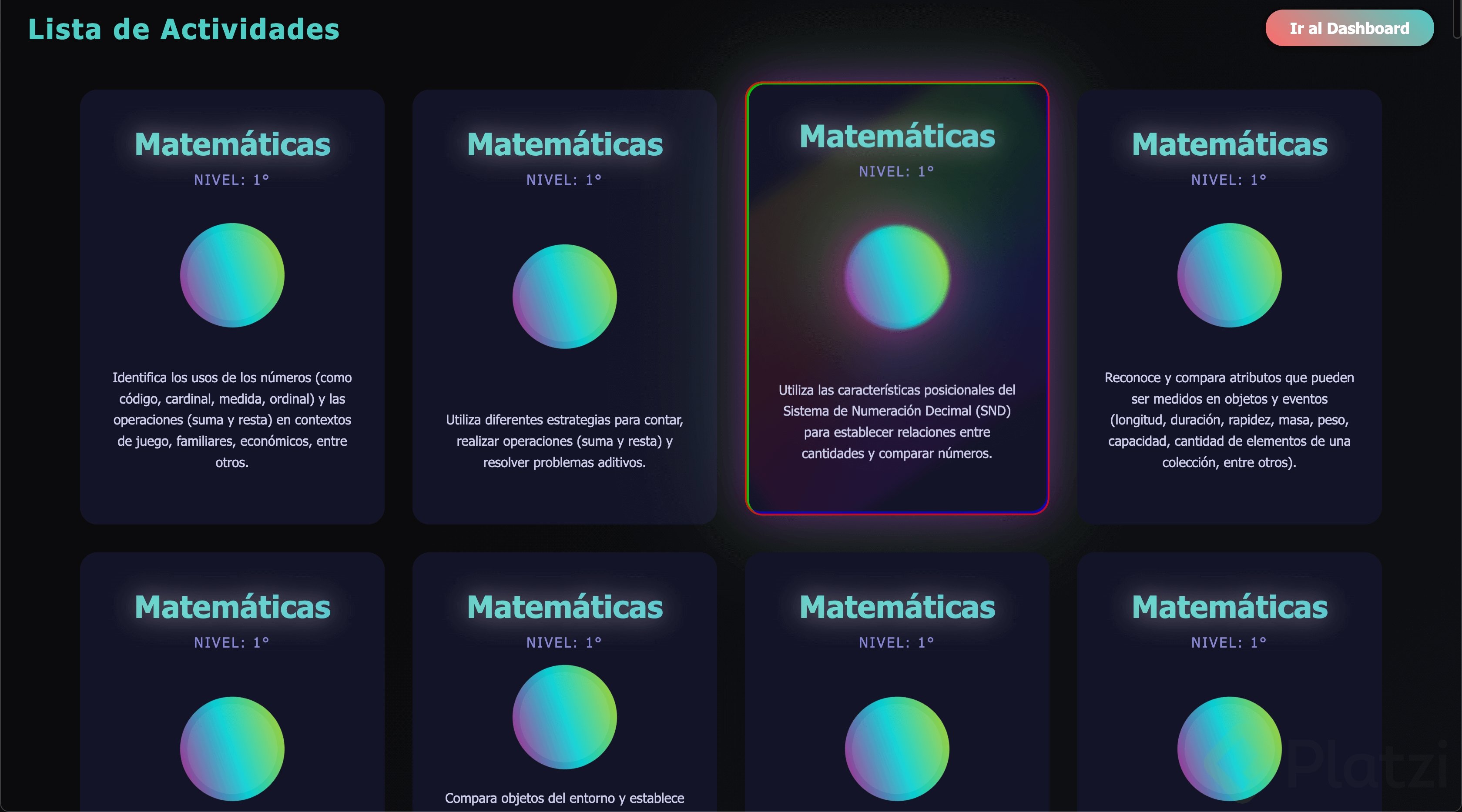 Una interfaz de actividades cada una con una card que se anima en mover