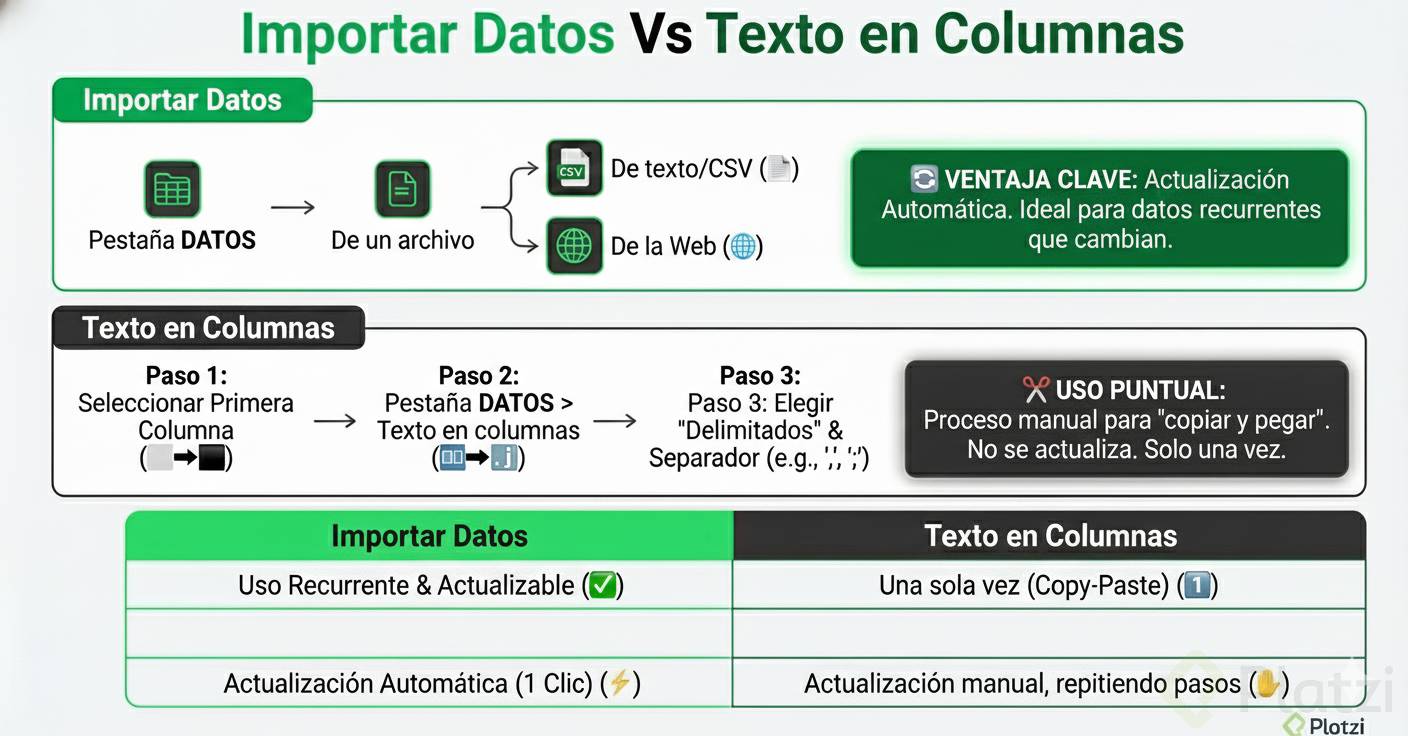 Infografía Importar Datos vs Texto en Columnas en Excel
