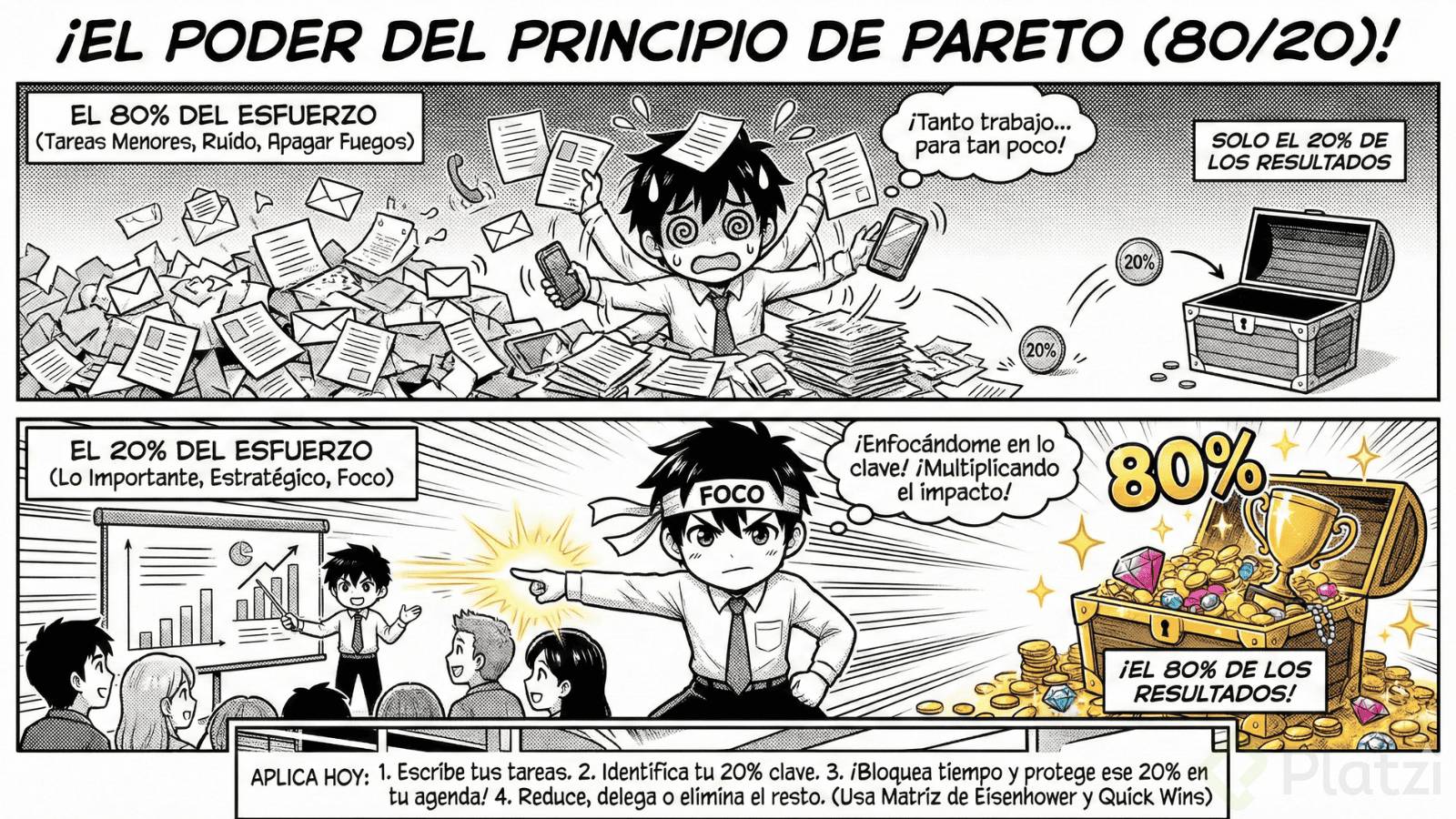 Infografía de estilo cómic manga de dos paneles en blanco y negro con toques de color dorado, titulada "¡EL PODER DEL PRINCIPIO DE PARETO (80/20)!". El panel superior, titulado "EL 80% DEL ESFUERZO (Tareas Menores, Ruido, Apagar Fuegos)", muestra a un personaje de manga estresado y abrumado, enterrado bajo una montaña de papeles y teléfonos sonando. Un bocadillo de pensamiento dice: "¡Tanto trabajo... para tan poco!". Una pequeña moneda con "20%" rueda hacia un cofre del tesoro casi vacío etiquetado "SOLO EL 20% DE LOS RESULTADOS". El panel inferior, titulado "EL 20% DEL ESFUERZO (Lo Importante, Estratégico, Foco)", muestra al mismo personaje decidido y enfocado, con una cinta en la cabeza que dice "FOCO", presentando un plan estratégico. Un bocadillo dice: "¡Enfocándome en lo clave! ¡Multiplicando el impacto!". Esto genera un cofre del tesoro gigante y desbordante de oro y joyas con un gran "80%" y el texto "¡EL 80% DE LOS RESULTADOS!". En la parte inferior hay un cuadro de texto: "APLICA HOY: 1. Escribe tus tareas. 2. Identifica tu 20% clave. 3. ¡Bloquea tiempo y protege ese 20% en tu agenda! 4. Reduce, delega o elimina el resto. (Usa Matriz de Eisenhower y Quick Wins)".