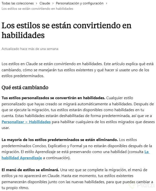 Artículo oficial de Anthropic que anuncia que los estilos de escritura personalizados de Claude migran a la nueva función de Habilidades, explicando cómo activarlos y qué opciones predeterminadas desaparecerán.