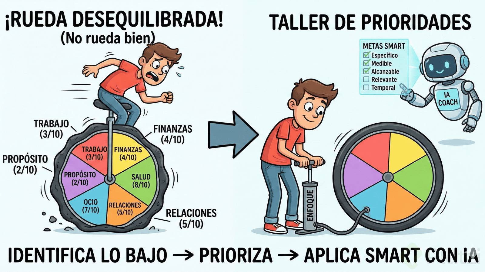 Infografía de estilo dibujo animado titulada "¡RUEDA DESEQUILIBRADA! (No rueda bien)". En el lado izquierdo, un hombre lucha por mantener el equilibrio sobre un monociclo con una rueda de la vida deformada y segmentada. Las áreas de la rueda tienen puntuaciones bajas y formas irregulares: "TRABAJO (3/10)" [desinflada], "FINANZAS (4/10)" [semi-desinflada], "SALUD (8/10)" [inflada], "RELACIONES (5/10)" [semi-desinflada], "OCIO (7/10)" [inflada], y "PROPÓSITO (2/10)" [muy desinflada]. Una flecha apunta hacia la derecha, donde se encuentra el "TALLER DE PRIORIDADES". Allí, el mismo hombre, ahora tranquilo, utiliza una bomba de aire etiquetada "ENFOQUE" para inflar el segmento más desinflado de la rueda, que ahora es redonda y colorida. A su lado, un robot asistente con el rótulo "IA COACH" sostiene una lista de control holográfica titulada "METAS SMART" con casillas de verificación para "Específico, Medible, Alcanzable, Relevante, Temporal". En la parte inferior, el texto indica los pasos: "IDENTIFICA LO BAJO -> PRIORIZA -> APLICA SMART CON IA". El fondo es blanco.