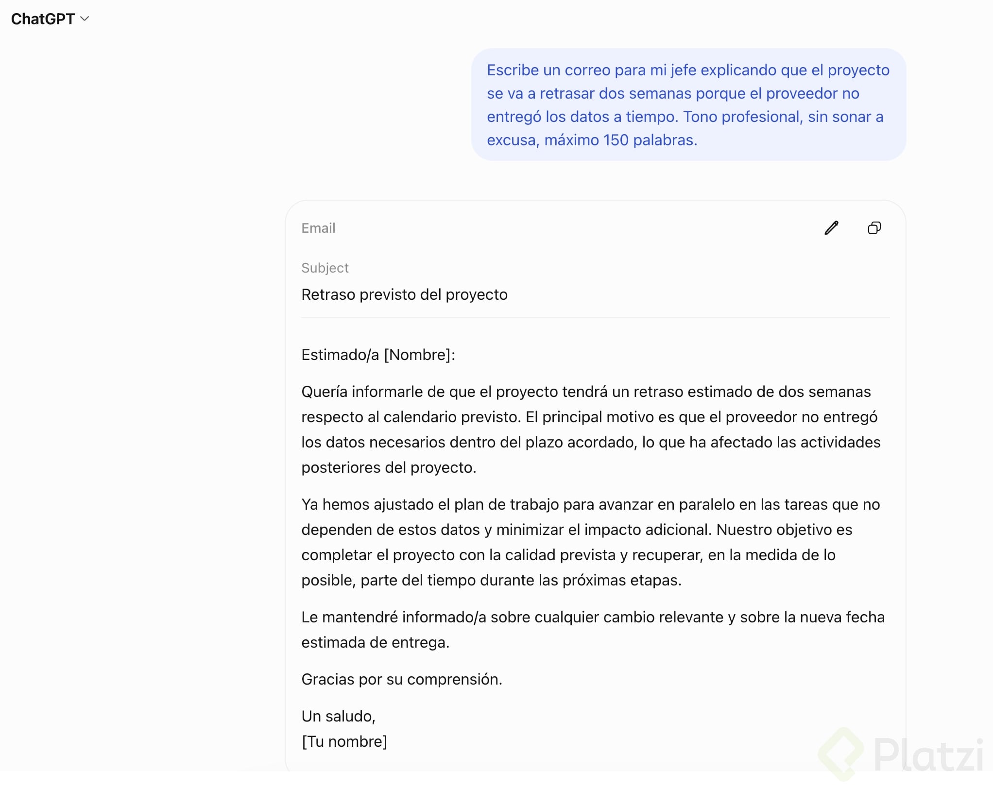 ChatGPT gratis: correo de retraso Correo de ChatGPT versión gratuita para avisar al jefe de un retraso de dos semanas en el proyecto