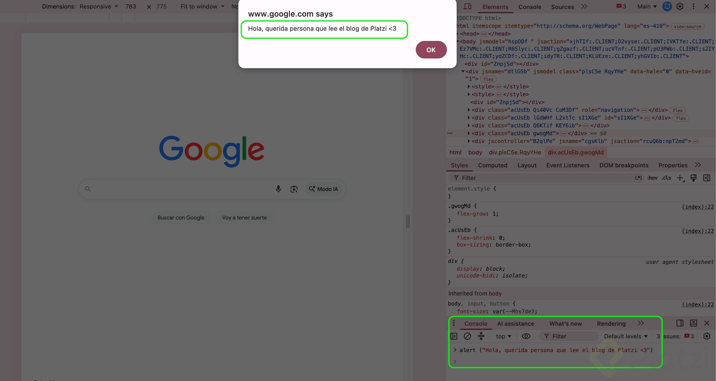 Ejemplo de cómo sacar una alerta desde la consola de Google Chrome