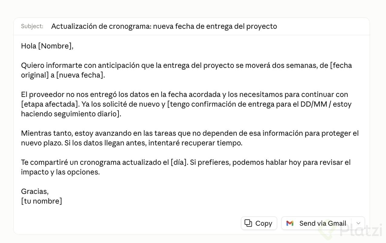 Claude gratis: correo de retraso Correo de Claude versión gratuita que anuncia el retraso con nuevas fechas y siguientes pasos
