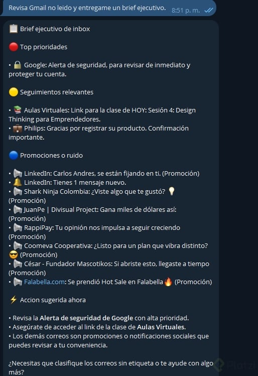 El brief en Telegram (la imagen estrella)