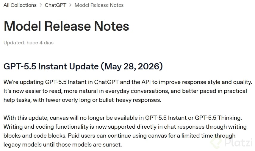 Se informa que Canvas deja de estar disponible en GPT-5.5 Instant y GPT-5.5 Thinking, y que las funciones de escritura y programación ahora se integran directamente en el chat mediante bloques de escritura y bloques de código.
