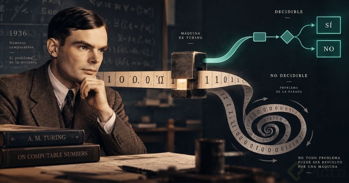 Ilustración de Alan Turing junto a su libro 