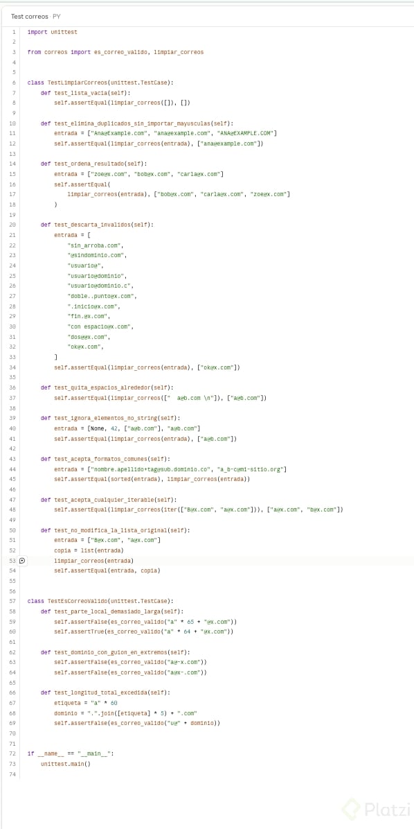 Claude gratis: archivo de pruebas Archivo test\_correos.py generado por Claude con 12 pruebas unitarias