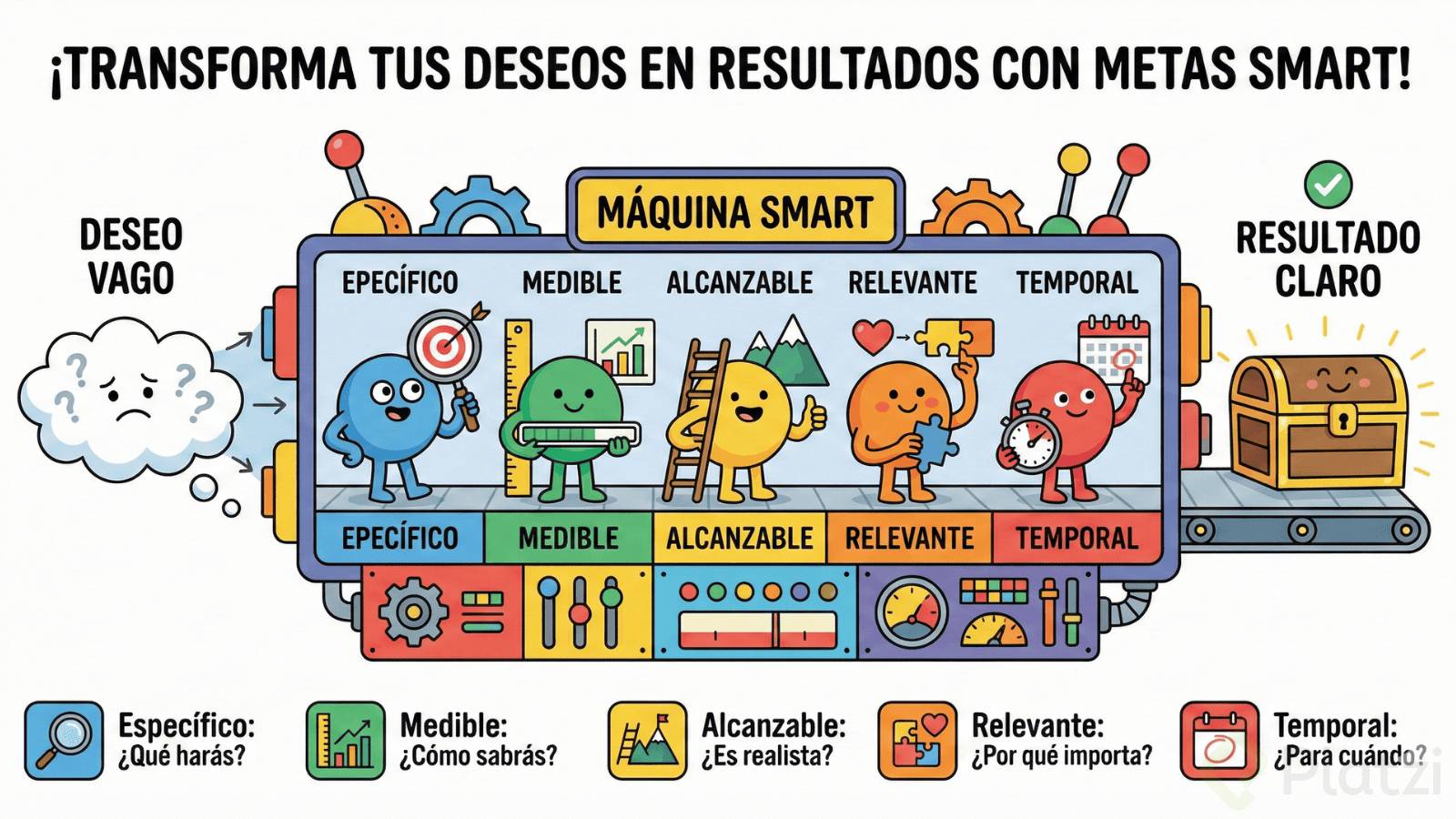 Infografía de estilo dibujo animado titulada "¡TRANSFORMA TUS DESEOS EN RESULTADOS CON METAS SMART!". A la izquierda, una nube triste con signos de interrogación etiquetada como "DESEO VAGO" entra en una máquina compleja llamada "MÁQUINA SMART". Dentro de la máquina, cinco personajes esféricos de colores representan los componentes SMART. De izquierda a derecha: un personaje azul con una diana ("EPECÍFICO"), un personaje verde con una regla y un gráfico ("MEDIBLE"), un personaje amarillo con una escalera y una montaña ("ALCANZABLE"), un personaje naranja con un corazón y una pieza de rompecabezas ("RELEVANTE"), y un personaje rojo con un cronómetro y un calendario ("TEMPORAL"). Debajo de la máquina, hay iconos con preguntas para cada componente: "Específico: ¿Qué harás?", "Medible: ¿Cómo sabrás?", "Alcanzable: ¿Es realista?", "Relevante: ¿Por qué importa?", y "Temporal: ¿Para cuándo?". A la derecha, un cofre del tesoro feliz con un icono de verificación verde sale de la máquina sobre una cinta transportadora, etiquetado como "RESULTADO CLARO". El fondo es blanco.