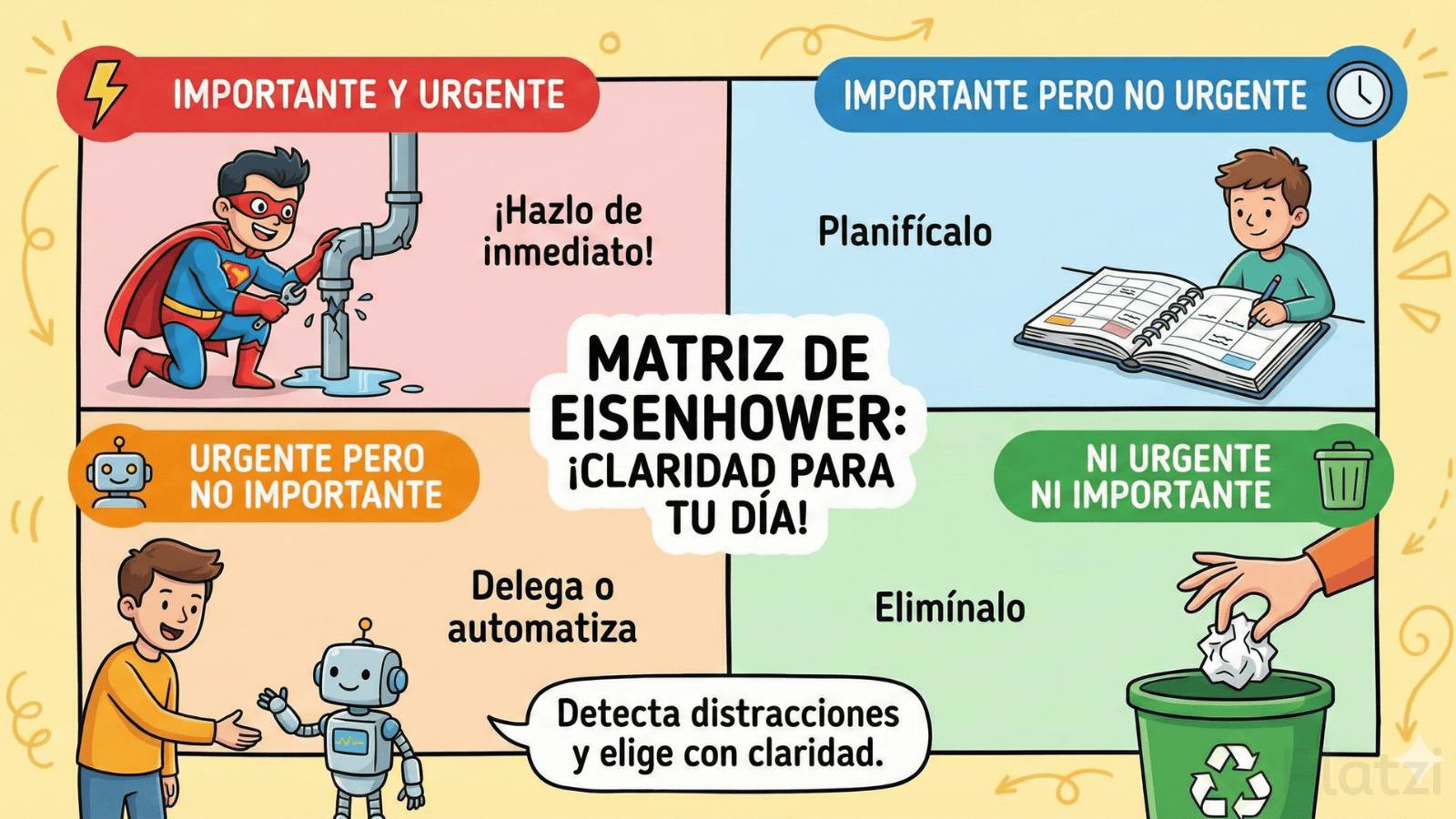 Infografía de estilo dibujo animado titulada "MATRIZ DE EISENHOWER: ¡CLARIDAD PARA TU DÍA!". Está dividida en cuatro cuadrantes de colores sobre un fondo amarillo claro. El cuadrante superior izquierdo, de color rojo con un icono de rayo, se titula "IMPORTANTE Y URGENTE", muestra el texto "¡Hazlo de inmediato!" y una ilustración de un superhéroe arreglando una tubería rota con fugas de agua. El cuadrante superior derecho, de color azul con un icono de reloj, se titula "IMPORTANTE PERO NO URGENTE", muestra el texto "Planifícalo" y una ilustración de una persona escribiendo tranquilamente en una agenda abierta. El cuadrante inferior izquierdo, de color naranja con un icono de robot, se titula "URGENTE PERO NO IMPORTANTE", muestra el texto "Delega o automatiza" y una ilustración de una persona dando la mano a un pequeño robot. El cuadrante inferior derecho, de color verde con un icono de cubo de basura, se titula "NI URGENTE NI IMPORTANTE", muestra el texto "Elimínalo" y una ilustración de una mano tirando una bola de papel arrugado a un cubo de reciclaje. En la parte inferior central, un bocadillo de diálogo contiene el texto: "Detecta distracciones y elige con claridad.".