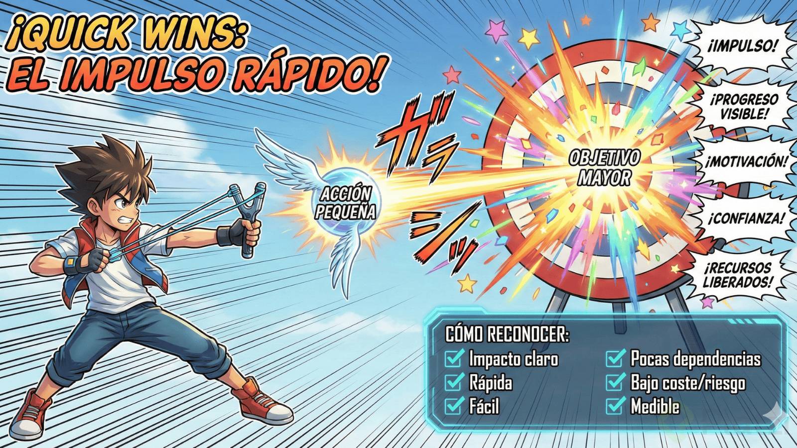 Ilustración estilo cómic anime con un personaje joven que lanza con un tirachinas una esfera de energía alada etiquetada como "ACCIÓN PEQUEÑA". La esfera golpea y hace explotar una gran diana etiquetada como "OBJETIVO MAYOR". Bocadillos de diálogo alrededor de la explosión dicen: "¡IMPULSO!", "¡PROGRESO VISIBLE!", "¡MOTIVACIÓN!", "¡CONFIANZA!", "¡RECURSOS LIBERADOS!". En la esquina inferior derecha, un panel tecnológico con la etiqueta "CÓMO RECONOCER:" lista características con casillas de verificación: "Impacto claro", "Rápida", "Fácil", "Pocas dependencias", "Bajo coste/riesgo", "Medible". El título superior es "¡QUICK WINS: EL IMPULSO RÁPIDO!".