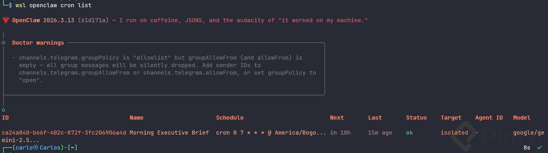  El cron job registrado