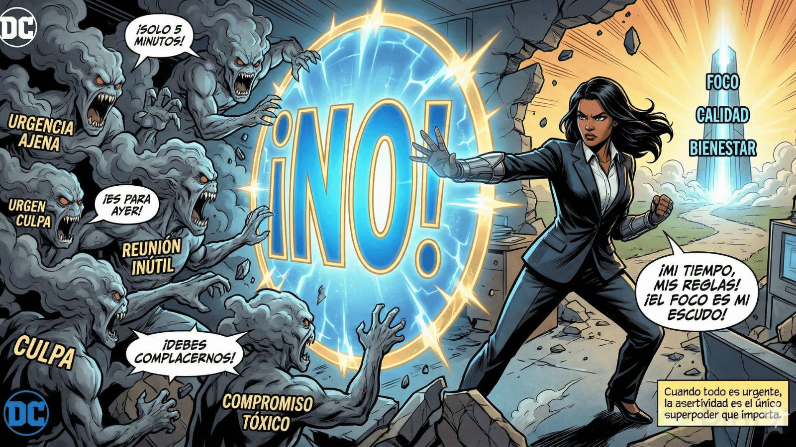 Esta imagen de estilo cómic muestra a una superheroína profesional, "La Asertiva", vestida con un traje de oficina y guanteletes tecnológicos. Está rodeada por un grupo de monstruos de humo gris que representan demandas externas y sentimientos negativos, con etiquetas como "URGENCIA AJENA", "REUNIÓN INÚTIL", "CULPA" y "COMPROMISO TÓXICO". Con determinación, la heroína extiende su mano y proyecta un gran escudo de energía circular azul y dorado con la palabra "¡NO!". Este escudo repele a los monstruos y abre un camino despejado hacia una torre luminosa en el fondo que simboliza "FOCO", "CALIDAD" y "BIENESTAR". La heroína declara: "¡MI TIEMPO, MIS REGLAS! ¡EL FOCO ES MI ESCUDO!", y un recuadro de texto inferior concluye: "Cuando todo es urgente, la asertividad es el único superpoder que importa."