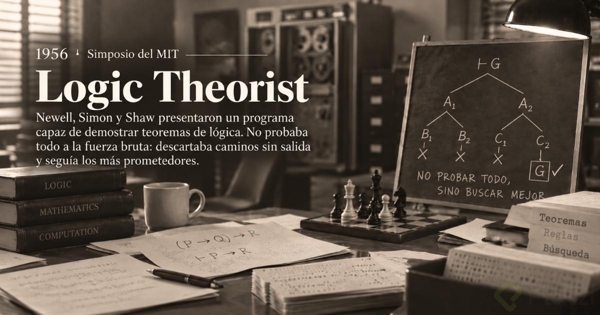 Escritorio de 1956 con notas sobre la demostración de un teorema de lógica, un tablero de ajedrez y libros de lógica matemática e inteligencia artificial, que ilustra el Logic Theorist de Allen Newell y Herbert Simon, el primer programa reconocido como inteligencia artificial