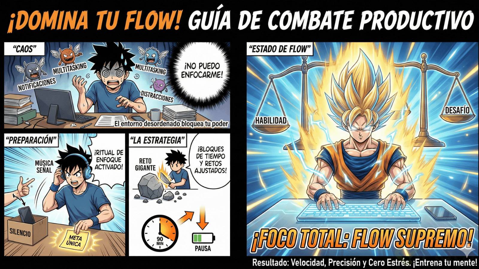 Esta imagen es una infografía estilo cómic manga que ilustra una "Guía de Combate Productivo" para alcanzar el "Estado de Flow". Está dividida en cuatro paneles narrativos con un personaje estilo shōnen.  Panel Superior Izquierdo ("CAOS"): Muestra al protagonista estresado y abrumado en un escritorio desordenado, atacado por pequeños monstruos etiquetados como "Notificaciones", "Multitasking" y "Distracciones". El texto indica que el desorden bloquea su poder.  Panel Inferior Izquierdo ("PREPARACIÓN"): El personaje ahora está decidido y realiza un "ritual de enfoque". Se pone auriculares ("Música Señal"), guarda su teléfono en una caja ("Silencio") y pega una nota adhesiva ("Meta Única").  Panel Inferior Derecho ("LA ESTRATEGIA"): Se muestra una metáfora visual donde el personaje divide un "Reto Gigante" en partes pequeñas. Debajo, un reloj marca un bloque de tiempo de 90 minutos seguido de un icono de batería en pausa.  Panel Derecho Grande ("ESTADO DE FLOW"): El protagonista se transforma en una versión poderosa, rodeado de un aura dorada. Está sentado en un escritorio futurista y tecleando con total concentración. Detrás de él, una balanza gigante muestra un equilibrio perfecto entre "Habilidad" y "Desafío". El título principal del panel es "¡FOCO TOTAL: FLOW SUPREMO!". El pie de página resume los resultados como velocidad, precisión y cero estrés.
