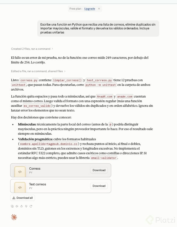 Claude gratis: respuesta con archivos Respuesta de Claude versión gratuita que explica su función de validación de correos y entrega dos archivos descargables