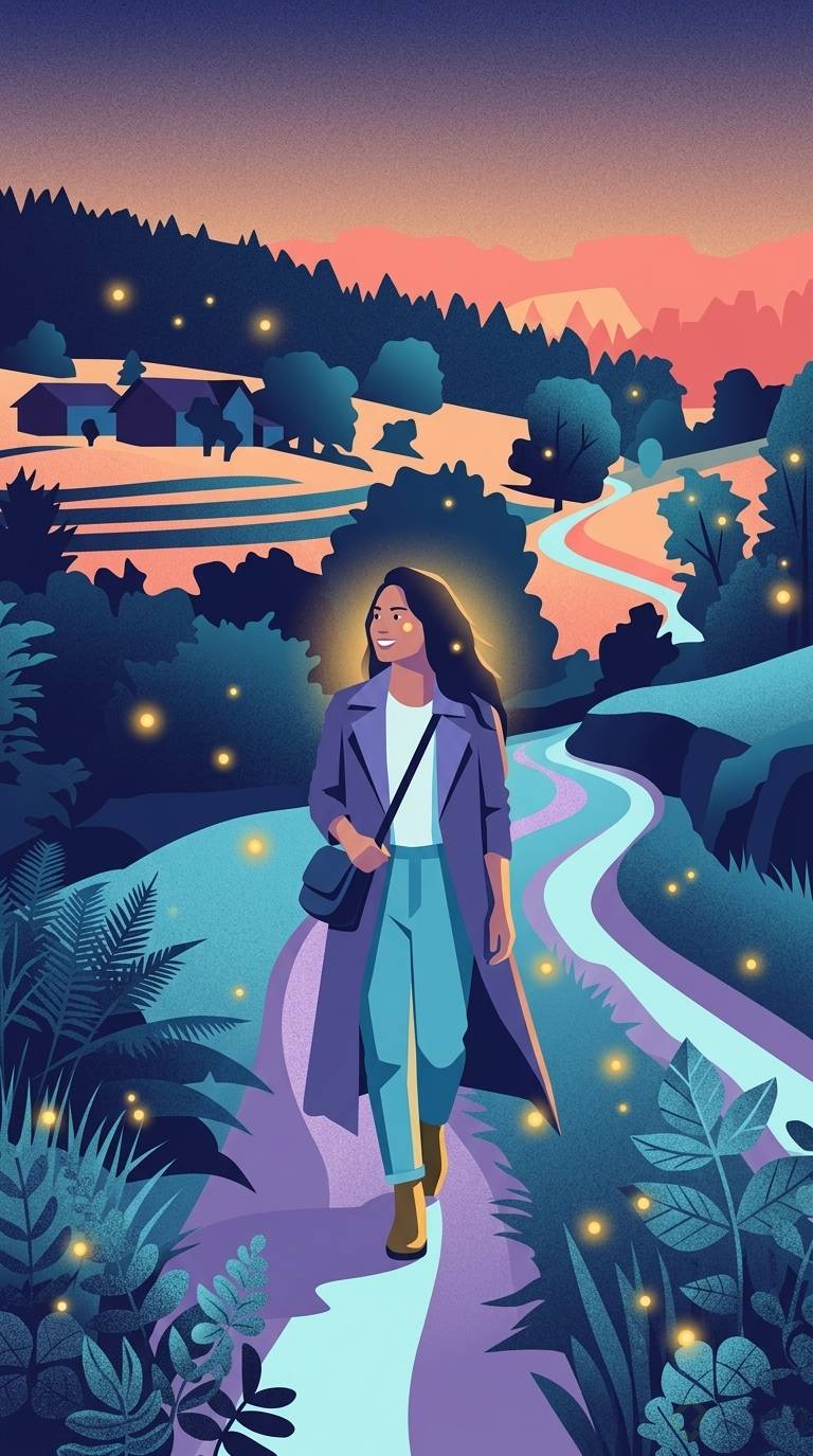 Chica camina campo style ilustración vectorial