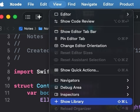 Imagen de pantalla enfocada en el menú superior señalando Show Library. Ruta: View -> Show Library