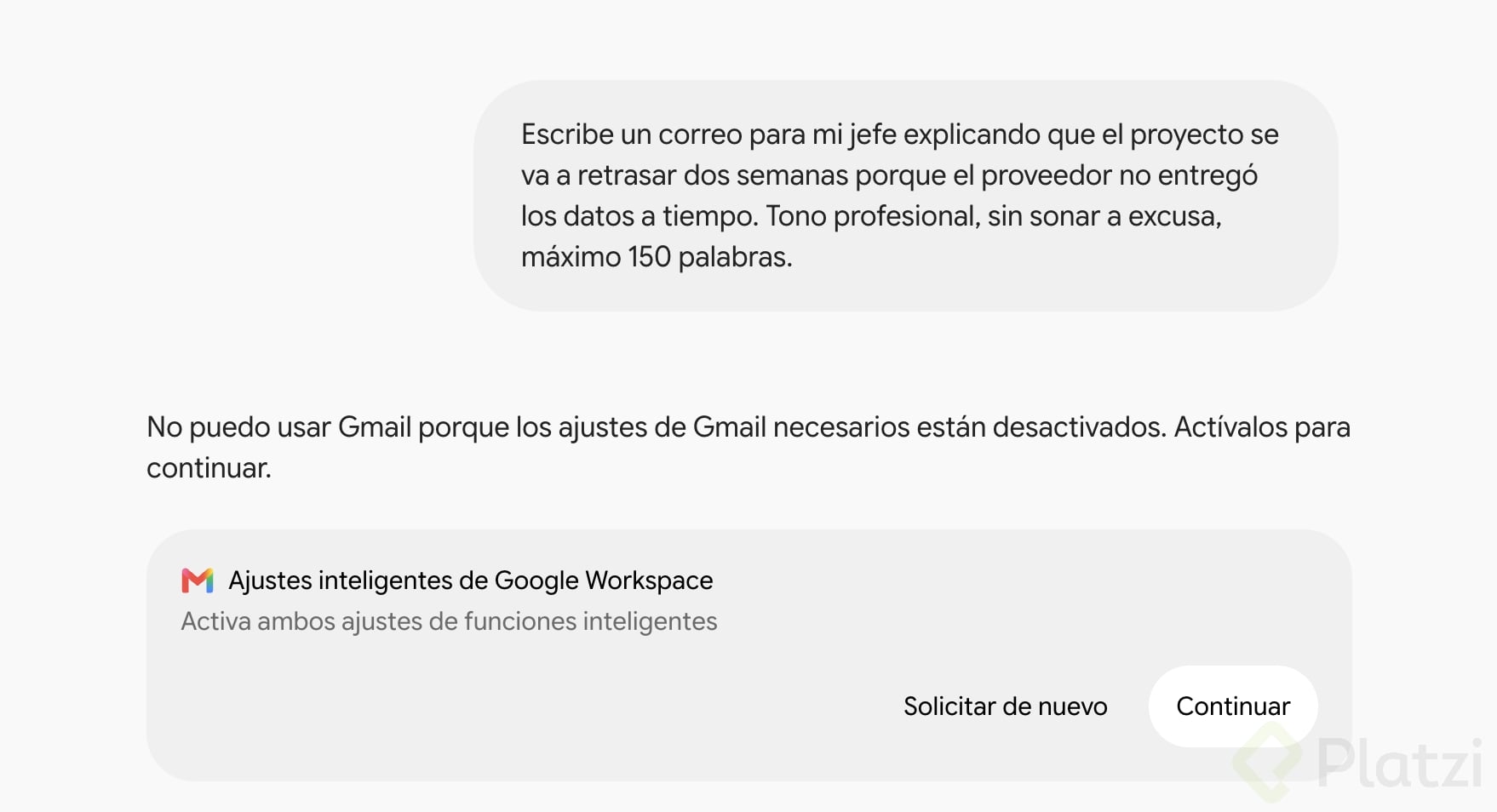 Mensaje de Gemini versión gratuita que pide activar los ajustes inteligentes de Google Workspace antes de redactar