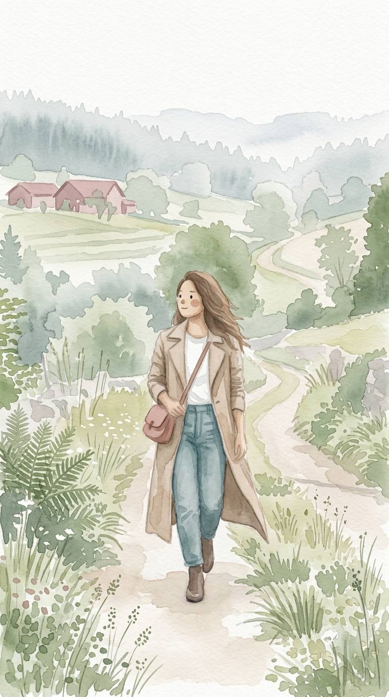 Chica caminando campo style acuarela