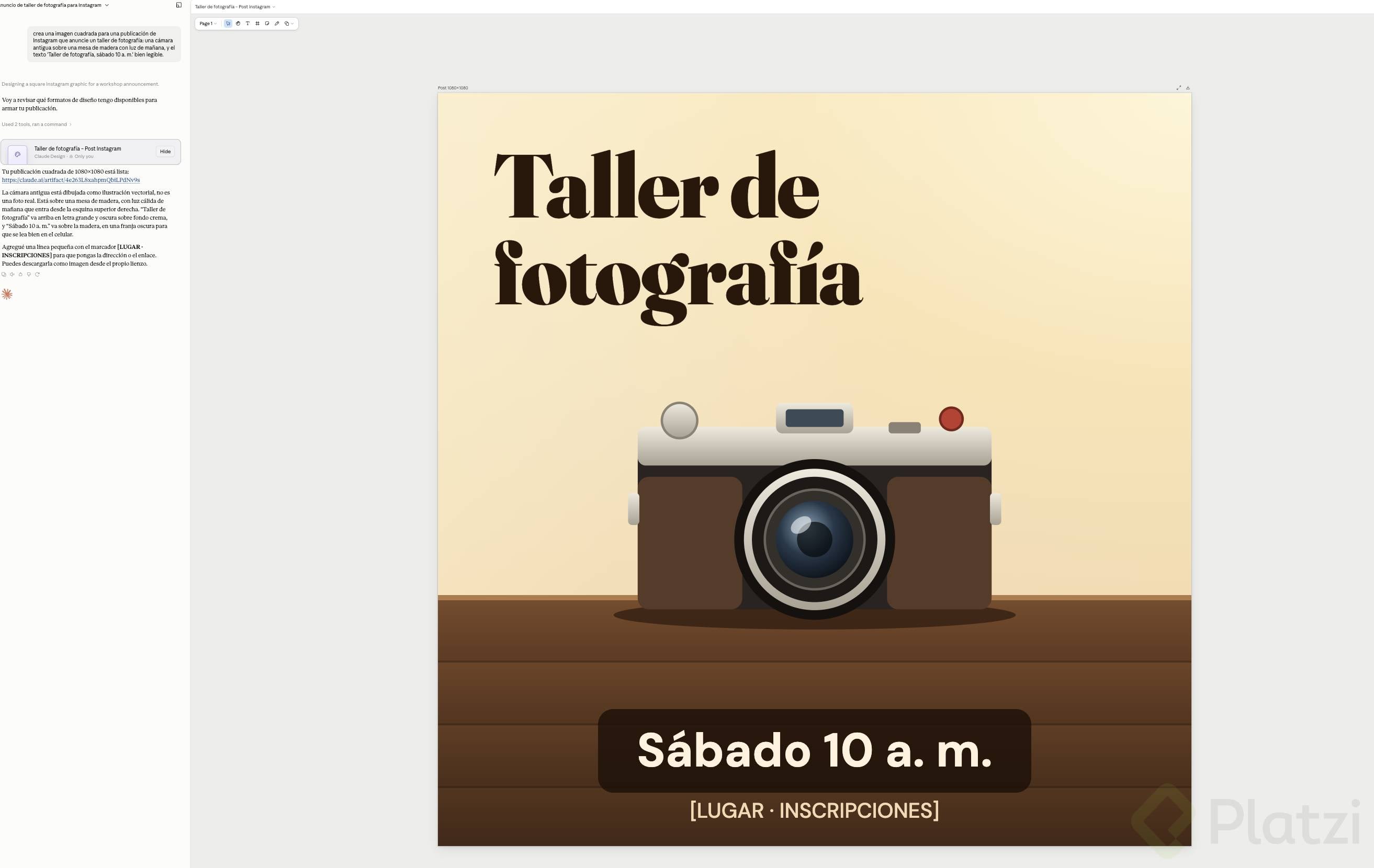 Claude gratis: diseño del post Diseño editable de Claude versión gratuita con una ilustración de cámara y el texto Taller de fotografía, sábado 10 a. m.