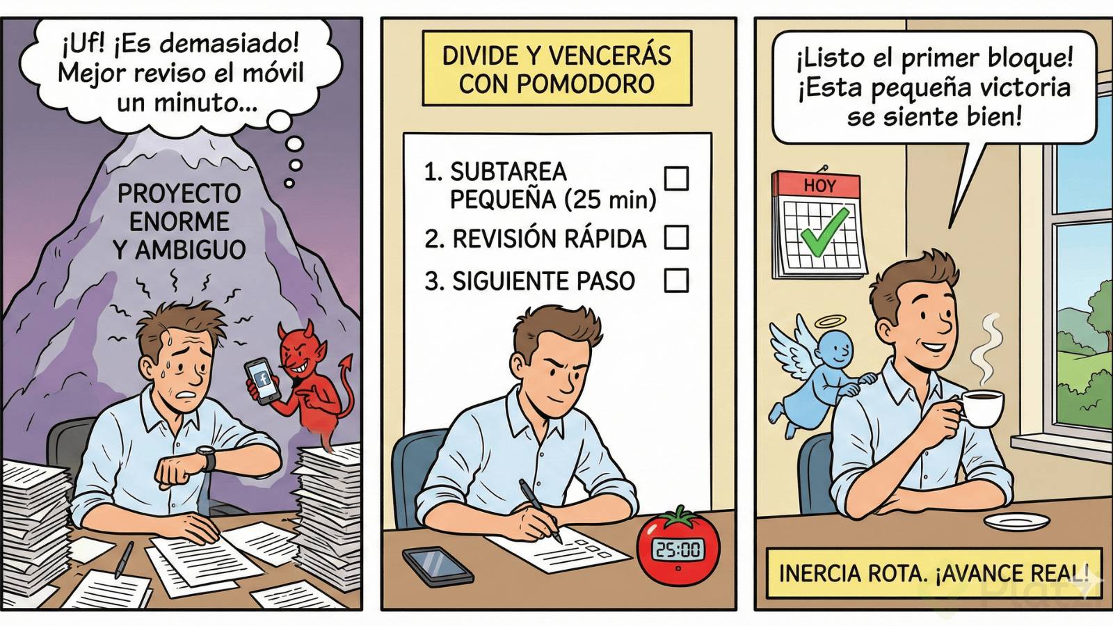 Tira cómica de tres viñetas que ilustra el proceso de superar la procrastinación. El panel izquierdo muestra a un hombre estresado y abrumado en un escritorio desordenado, tentado por un diablo rojo con un teléfono móvil frente a una montaña etiquetada "PROYECTO ENORME Y AMBIGUO". El panel central muestra al mismo hombre enfocado, trabajando en un escritorio limpio con un temporizador Pomodoro marcando 25 minutos y una lista de tareas divididas, bajo el título "DIVIDE Y VENCERÁS CON POMODORO". El panel derecho muestra al hombre relajado y sonriente tomando café, con un ángel detrás y un calendario marcado con un tic verde, celebrando una "pequeña victoria" con el texto inferior "INERCIA ROTA. ¡AVANCE REAL!".