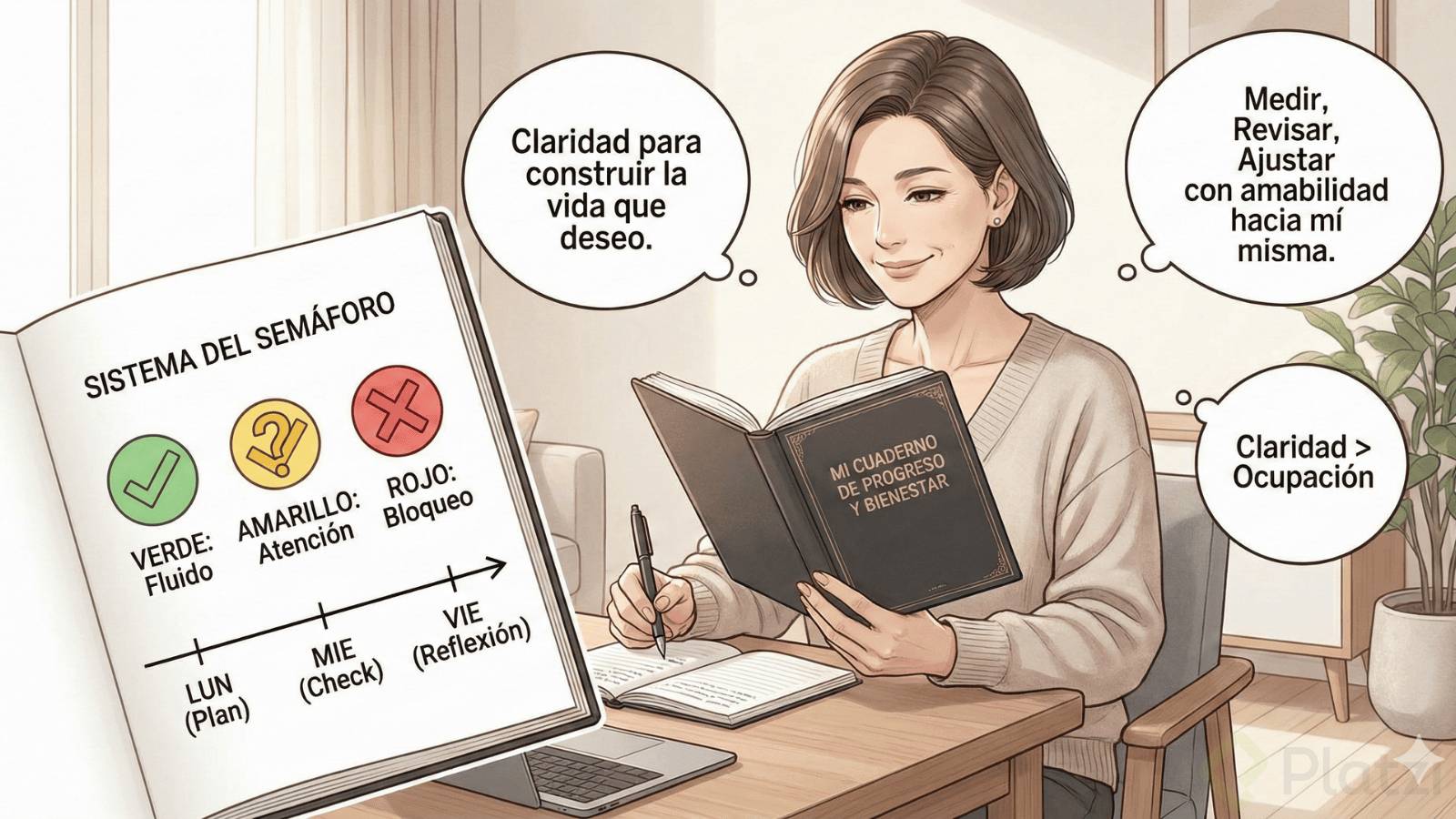 Esta ilustración, realizada en un estilo manga Josei sereno y maduro, muestra a una mujer en un entorno de oficina en casa tranquilo. Con una expresión de calma y satisfacción, revisa su "Cuaderno de Progreso y Bienestar". Un diagrama destacado en un libro abierto visualiza su metodología: el "Sistema del Semáforo" para evaluar el estado de las tareas (Verde, Amarillo, Rojo) y una línea de tiempo semanal para planificar, verificar y reflexionar. Los pensamientos que la rodean enfatizan una filosofía de productividad basada en la amabilidad hacia una misma, priorizando la "Claridad sobre la Ocupación" para alcanzar metas vitales.