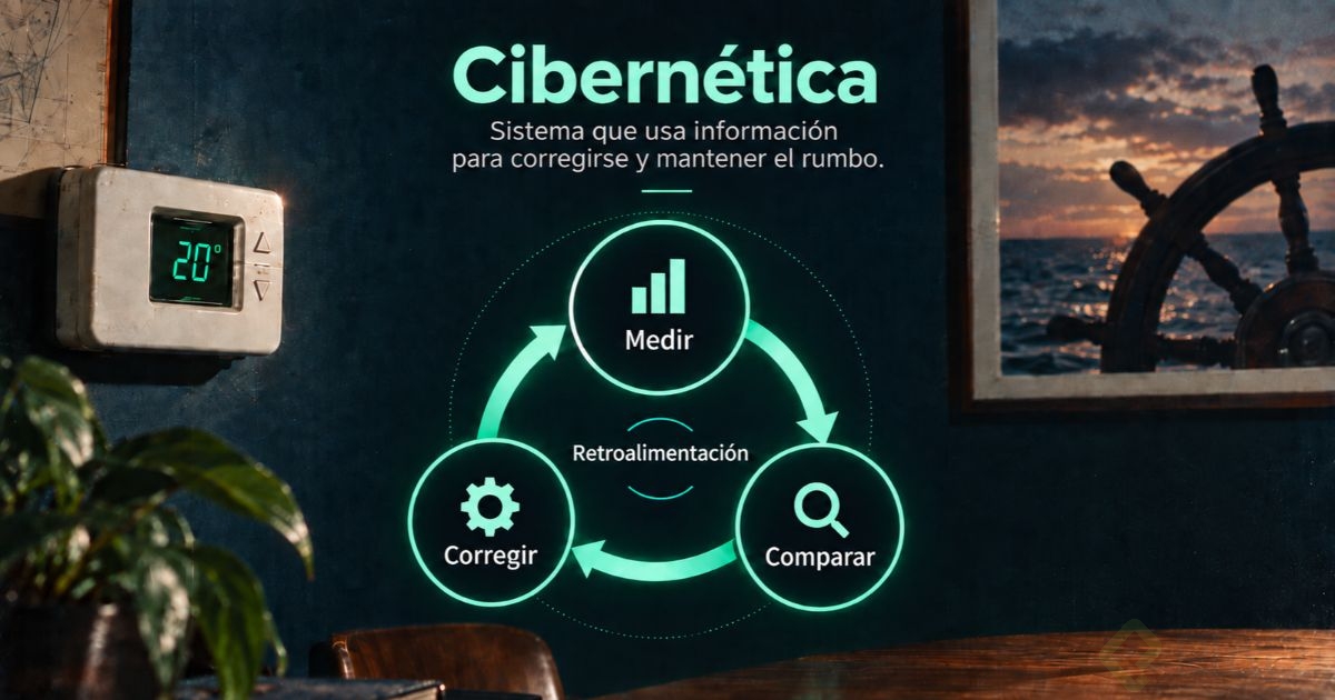 Diagrama del ciclo de retroalimentación de la cibernética con tres pasos conectados en círculo (medir, comparar y corregir), junto a un termostato que marca 20 grados y el timón de un barco como ejemplos de sistemas que usan información para mantener el rumbo