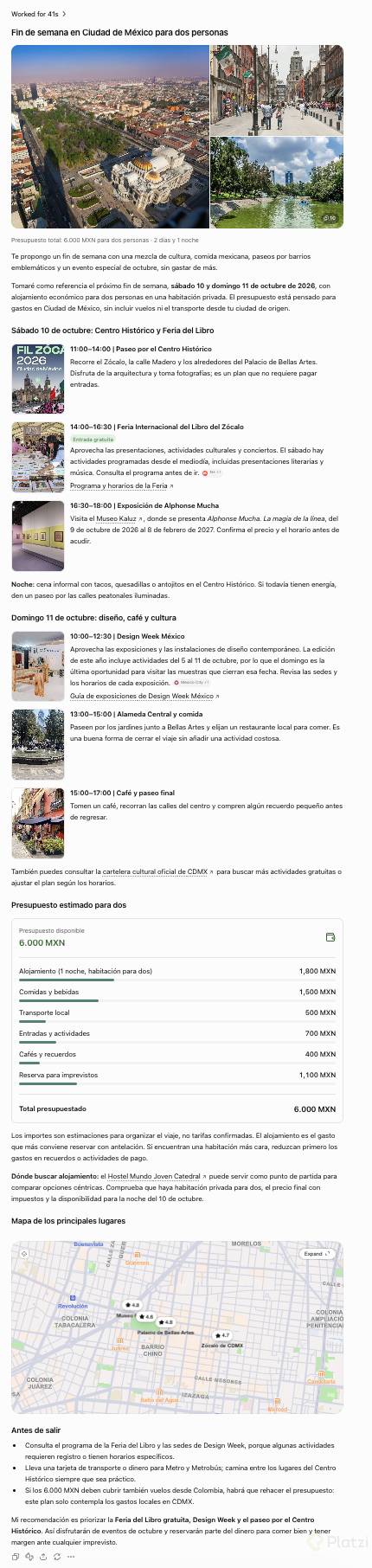 Itinerario de ChatGPT versión gratuita para un fin de semana en Ciudad de México, con fotos, mapa y presupuesto de 6.000 MXN