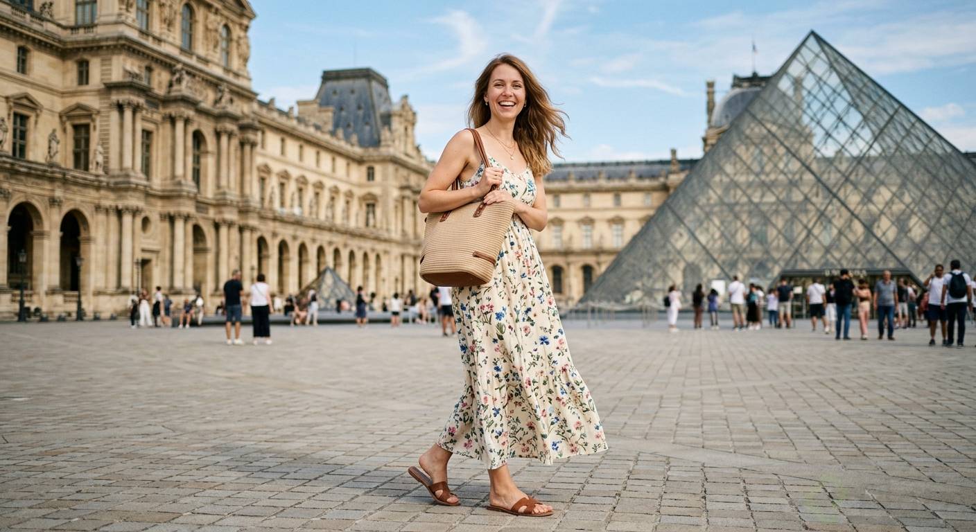 chica frente al museo de Louvre