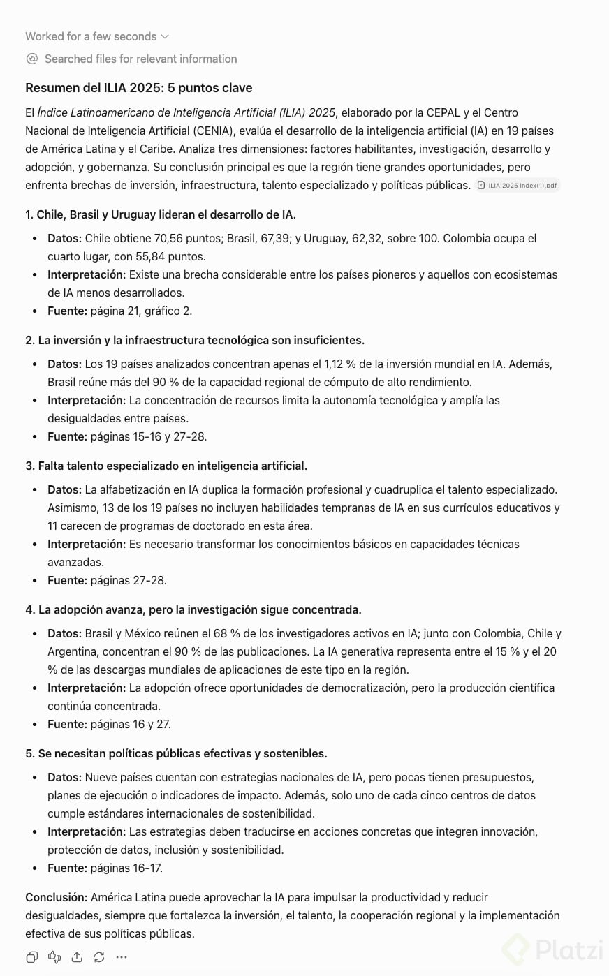 ChatGPT gratis: resumen del ILIA 2025 Resumen del Índice Latinoamericano de IA 2025 hecho por ChatGPT versión gratuita, con 5 puntos clave y páginas citadas