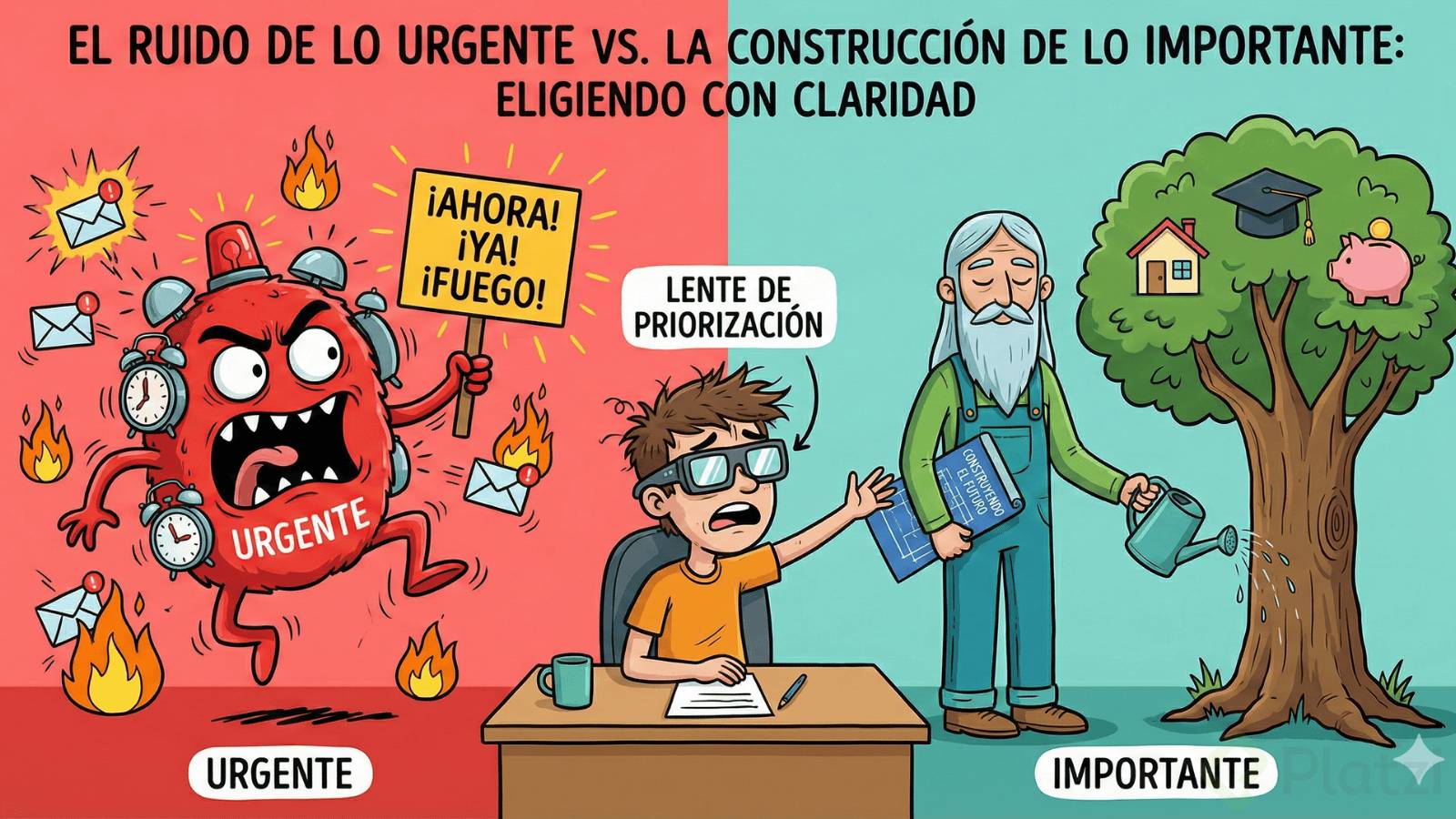 Ilustración estilo caricatura que muestra a una persona en un escritorio eligiendo entre dos personajes. A la izquierda, un monstruo rojo y ruidoso etiquetado "URGENTE" exige atención inmediata con alarmas y fuego. A la derecha, una figura calmada y sabia etiquetada "IMPORTANTE" riega un árbol que representa metas futuras. La persona usa unas "Lentes de Priorización" para ignorar al monstruo urgente y enfocarse en la figura importante que construye el futuro.