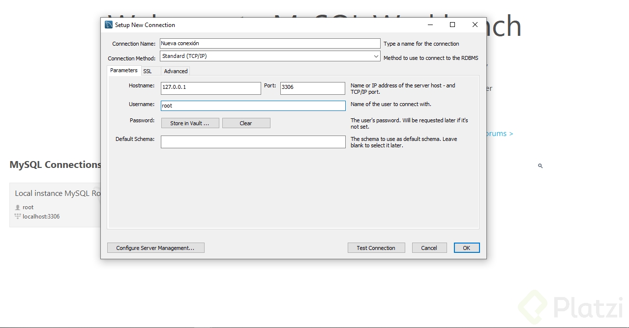 Creación de una nueva conexión dentro de MySQL Workbench