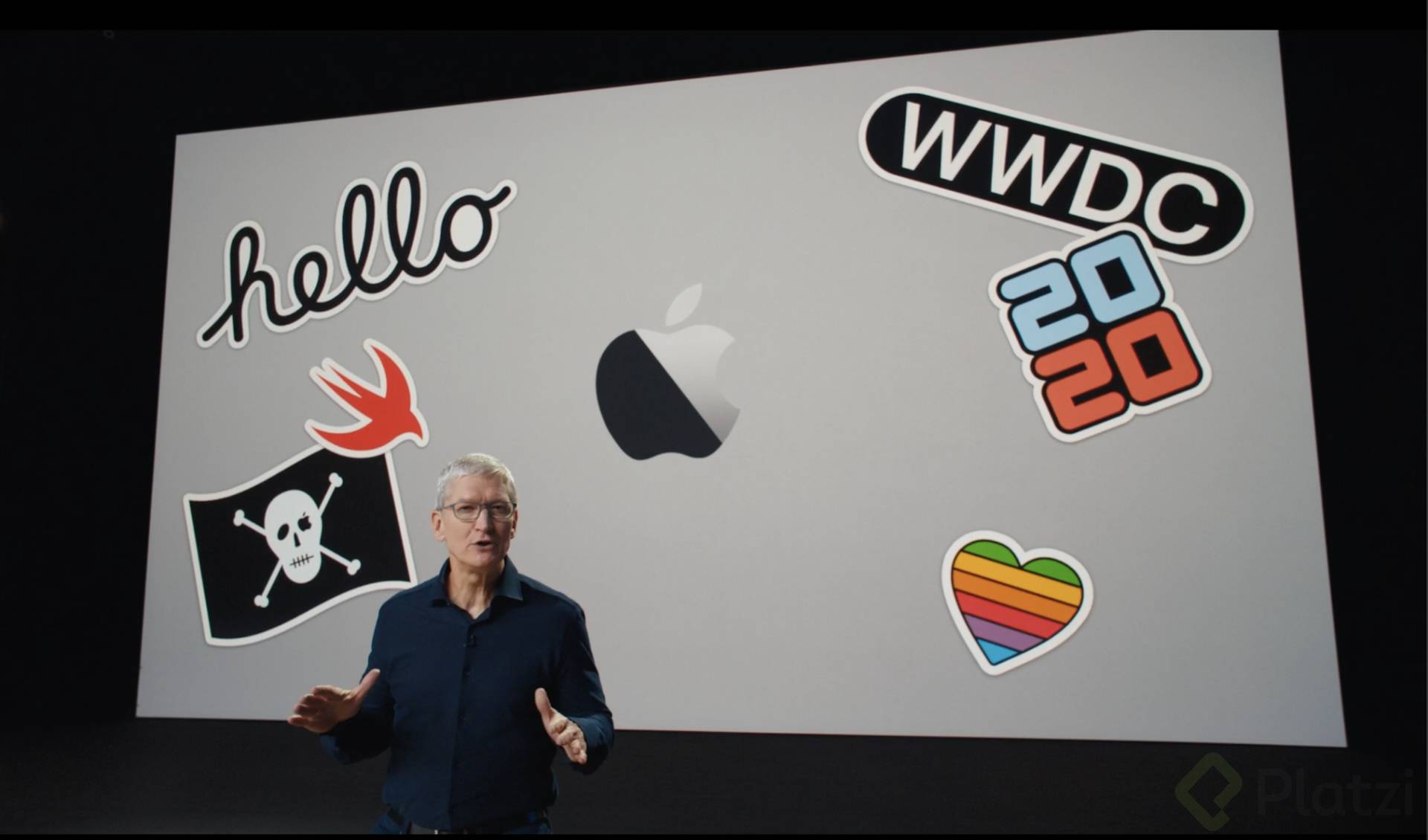 Tim Cook en la Keynote con el fondo de una Mac con stickers